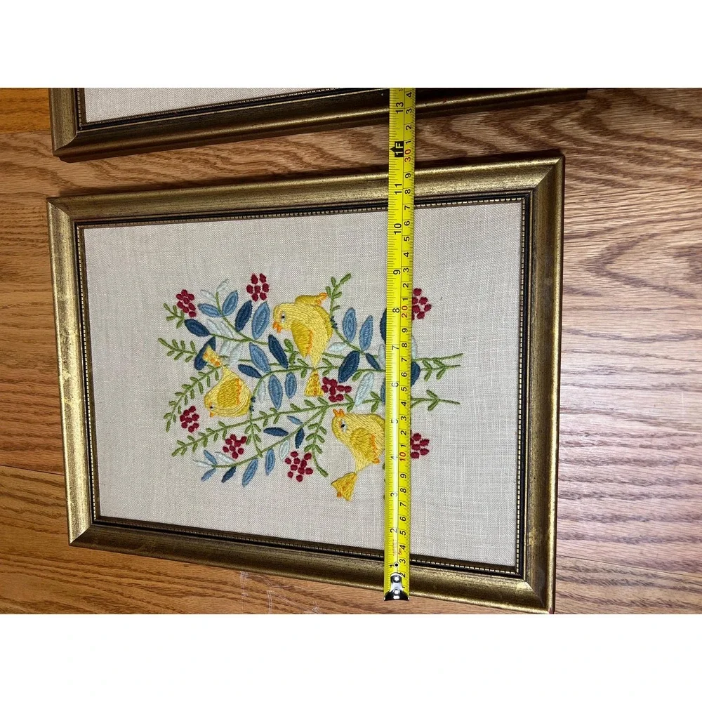 Vintage Hand Embroidered Bird Wall Art Pair Framed Folk Art Cottagecore Grandma